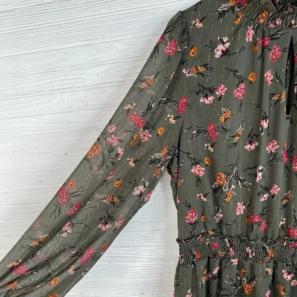DREW Anthro Green Floral Print Dress Gold Stripes Long Sleeves Smocked Size L - Picture 4 of 16